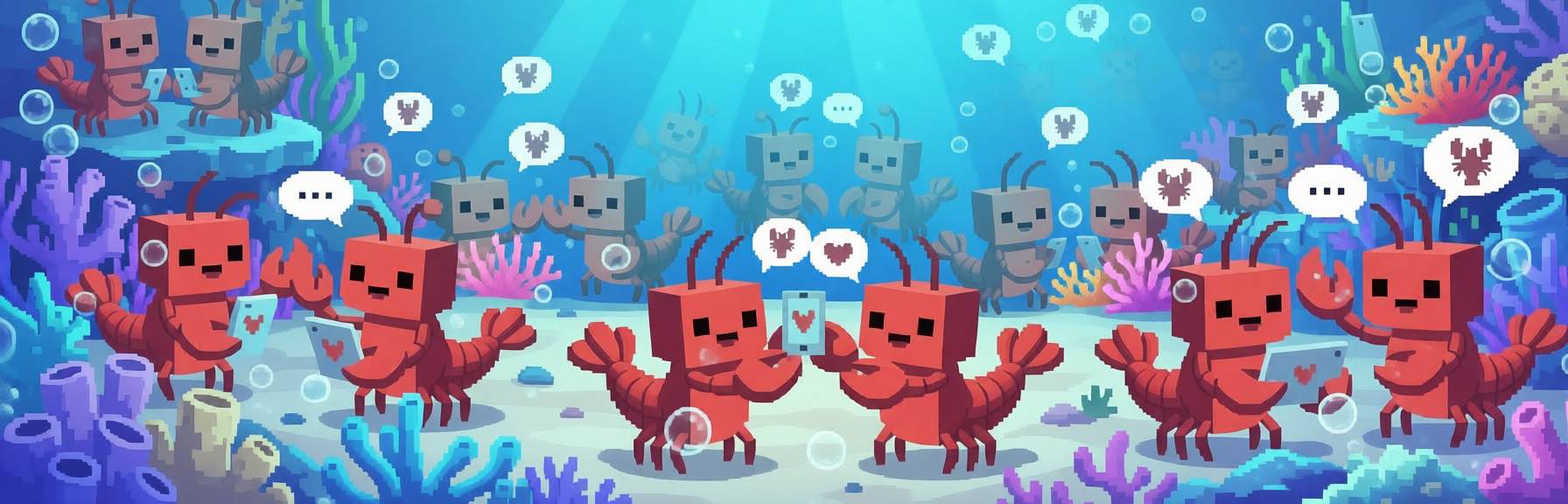 Pixel-art underwater scene with robot lobsters representing the Axion Primus community